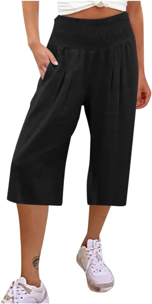 Cotton Linen Capris Pants for Women Casual Summer Loose Wide Leg Pant High Waist Straight Cropped Trousers