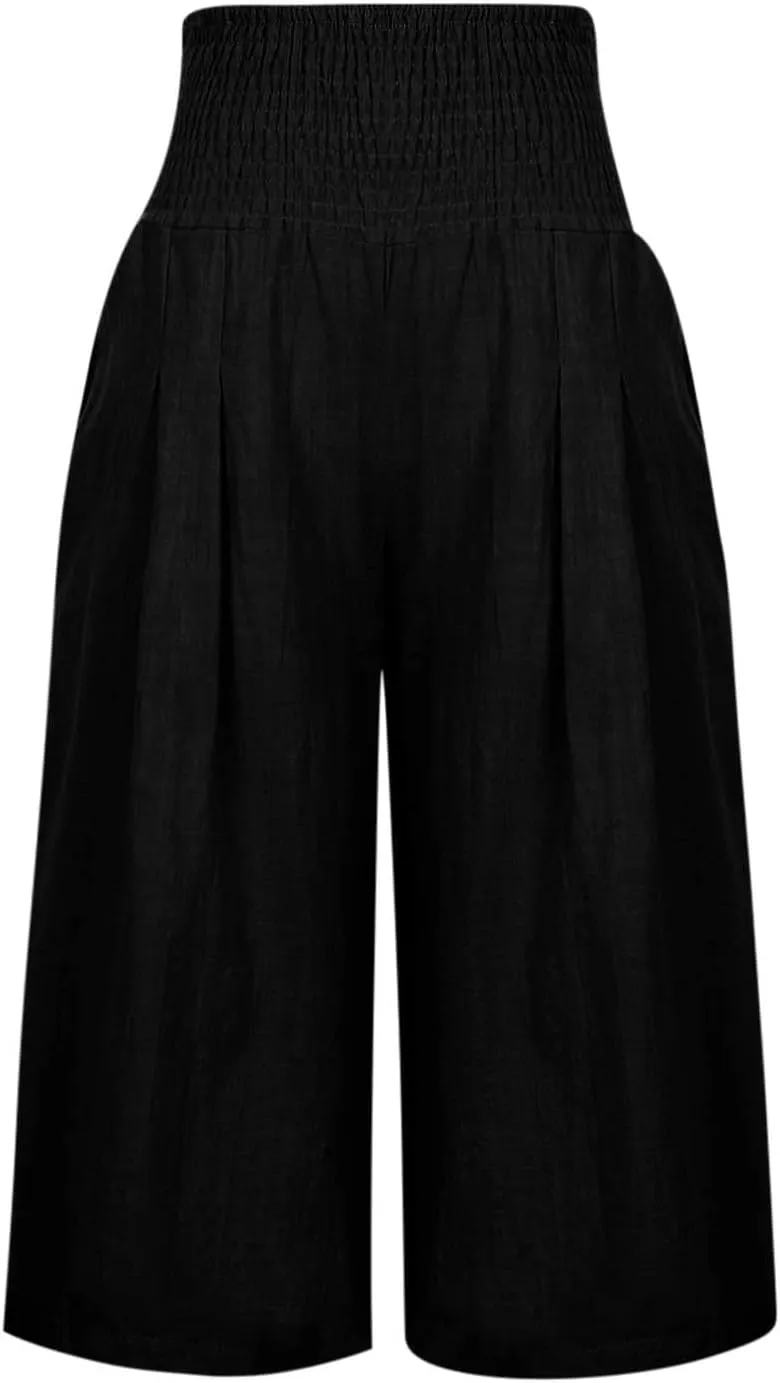 Cotton Linen Capris Pants for Women Casual Summer Loose Wide Leg Pant High Waist Straight Cropped Trousers