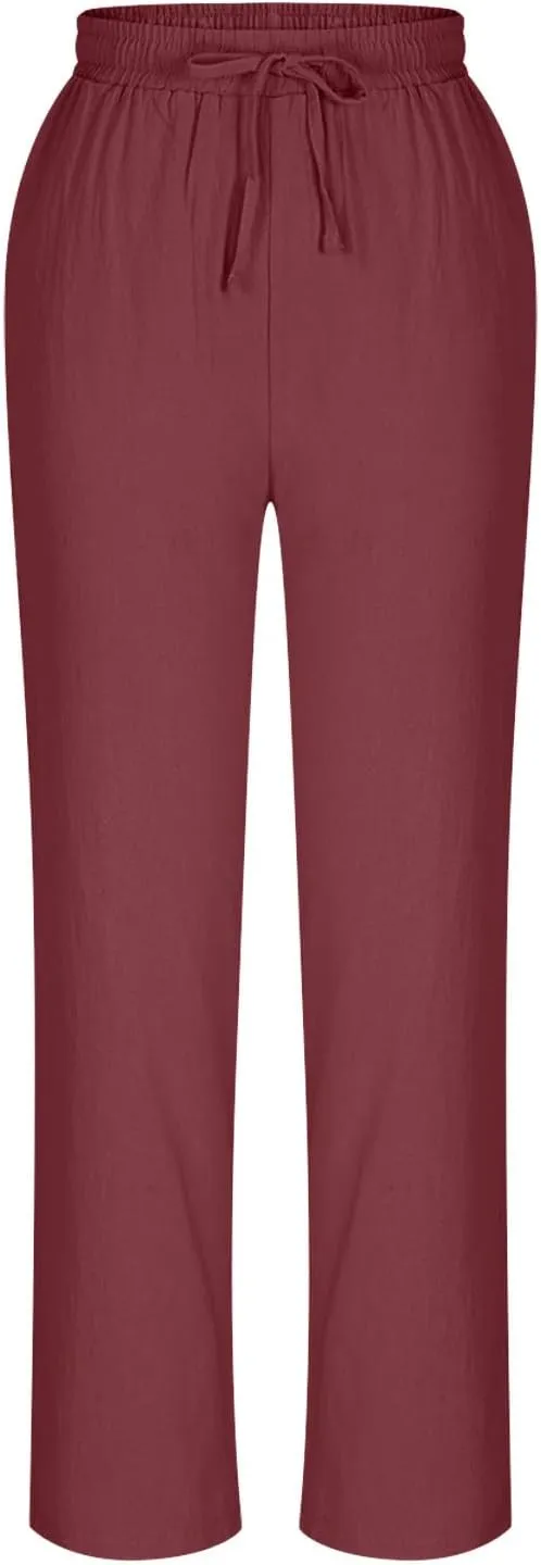 Cotton Linen Cropped Pants for Women High Waist Straight Leg Lounge Capris Casual Slacks Summer Trouser with Pockets