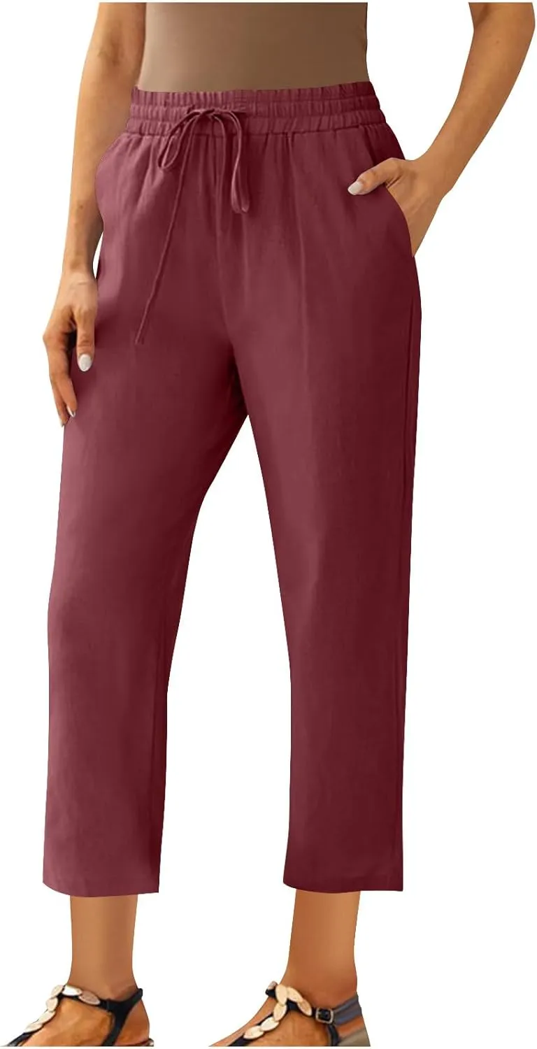 Cotton Linen Cropped Pants for Women High Waist Straight Leg Lounge Capris Casual Slacks Summer Trouser with Pockets