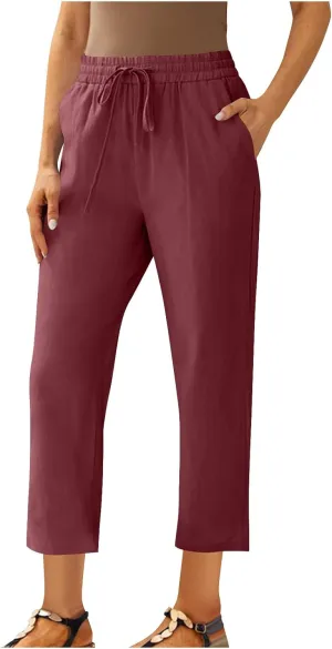 Cotton Linen Cropped Pants for Women High Waist Straight Leg Lounge Capris Casual Slacks Summer Trouser with Pockets