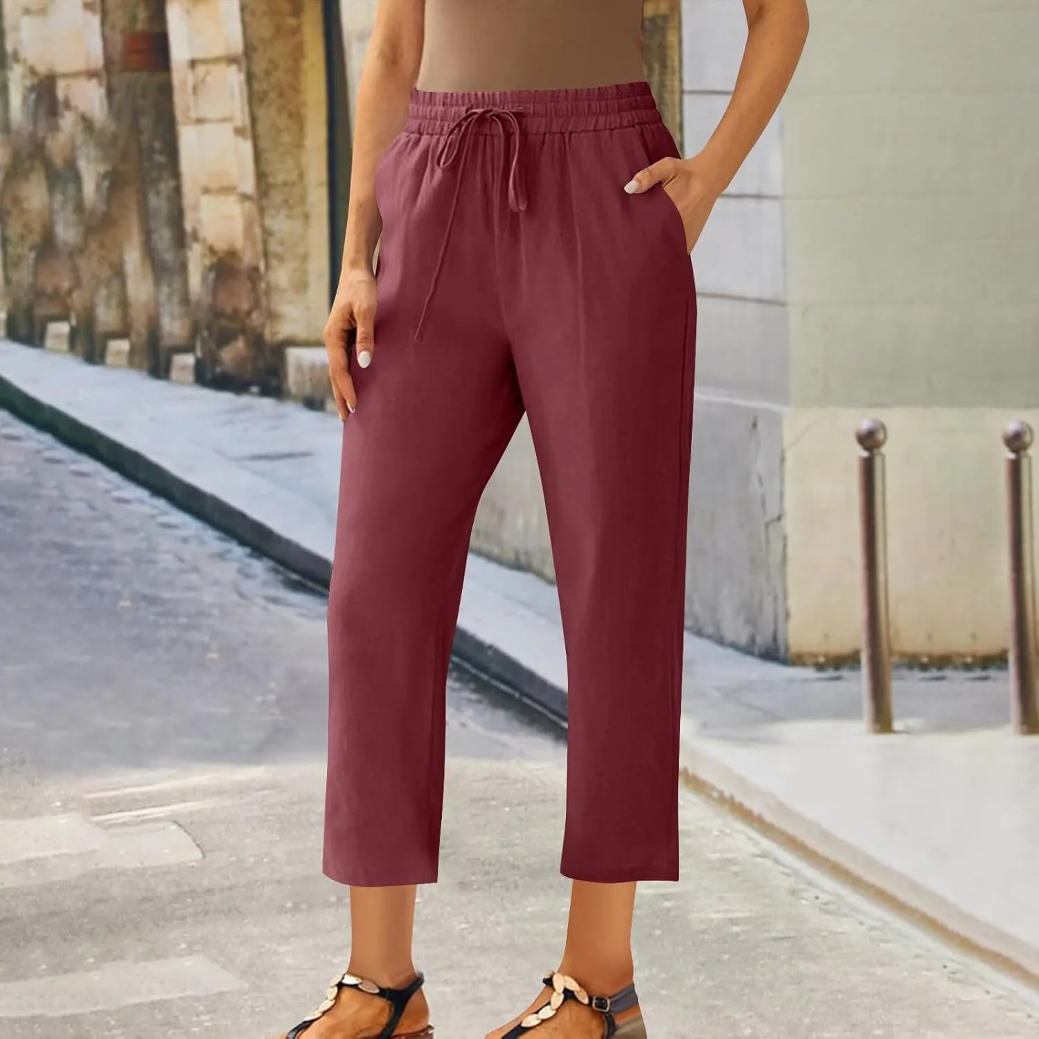 Cotton Linen Cropped Pants for Women High Waist Straight Leg Lounge Capris Casual Slacks Summer Trouser with Pockets