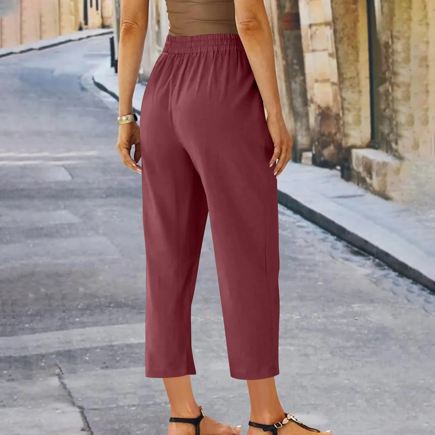 Cotton Linen Cropped Pants for Women High Waist Straight Leg Lounge Capris Casual Slacks Summer Trouser with Pockets