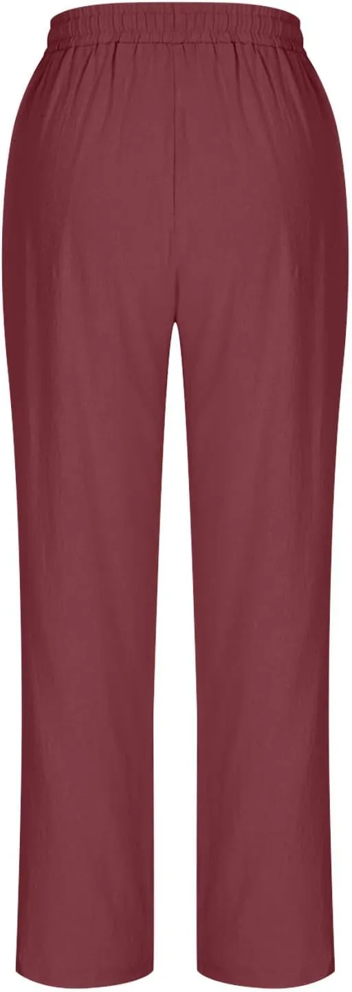 Cotton Linen Cropped Pants for Women High Waist Straight Leg Lounge Capris Casual Slacks Summer Trouser with Pockets