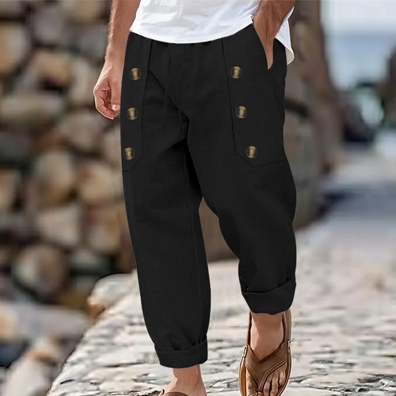 Cotton Linen Pants for Men Button Straight Wide Leg Casual Loose Fit Lightweight Solid Pants Outdoor Beach Trousers
