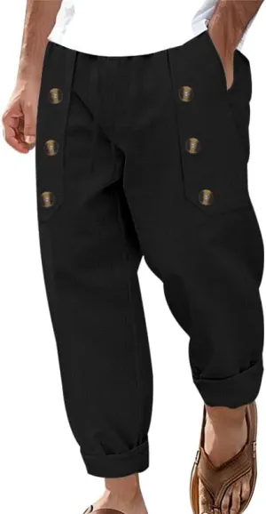 Cotton Linen Pants for Men Button Straight Wide Leg Casual Loose Fit Lightweight Solid Pants Outdoor Beach Trousers