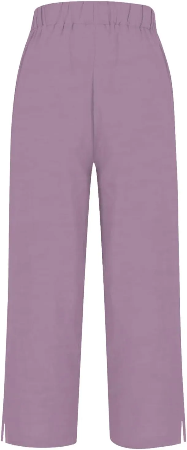 Cotton Linen Pants for Women Elastic High Waist Straight Leg Lounge Pants Summer Casual Slacks Trousers with Pockets