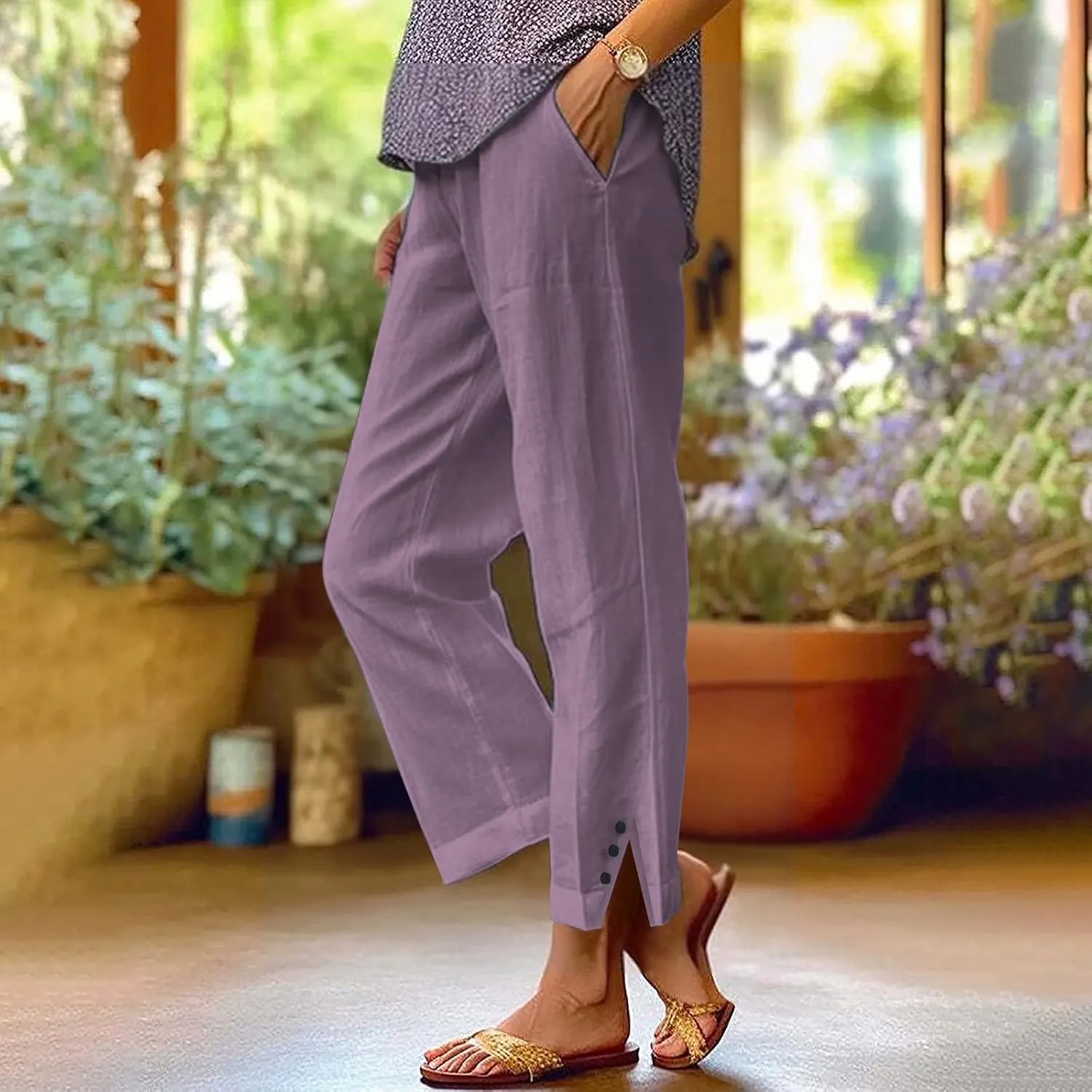 Cotton Linen Pants for Women Elastic High Waist Straight Leg Lounge Pants Summer Casual Slacks Trousers with Pockets