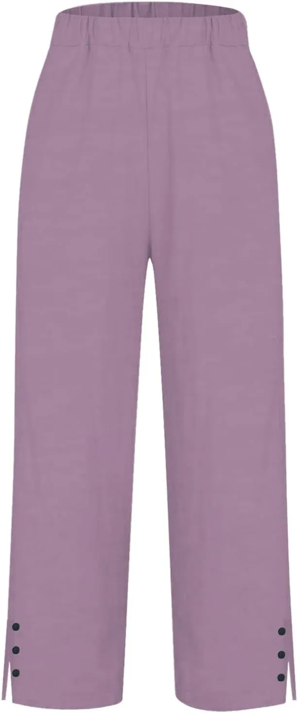 Cotton Linen Pants for Women Elastic High Waist Straight Leg Lounge Pants Summer Casual Slacks Trousers with Pockets