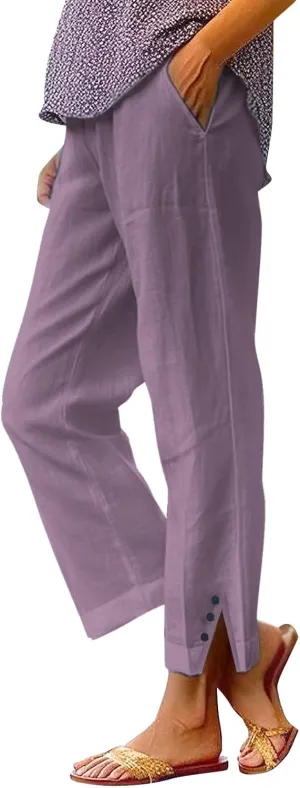 Cotton Linen Pants for Women Elastic High Waist Straight Leg Lounge Pants Summer Casual Slacks Trousers with Pockets