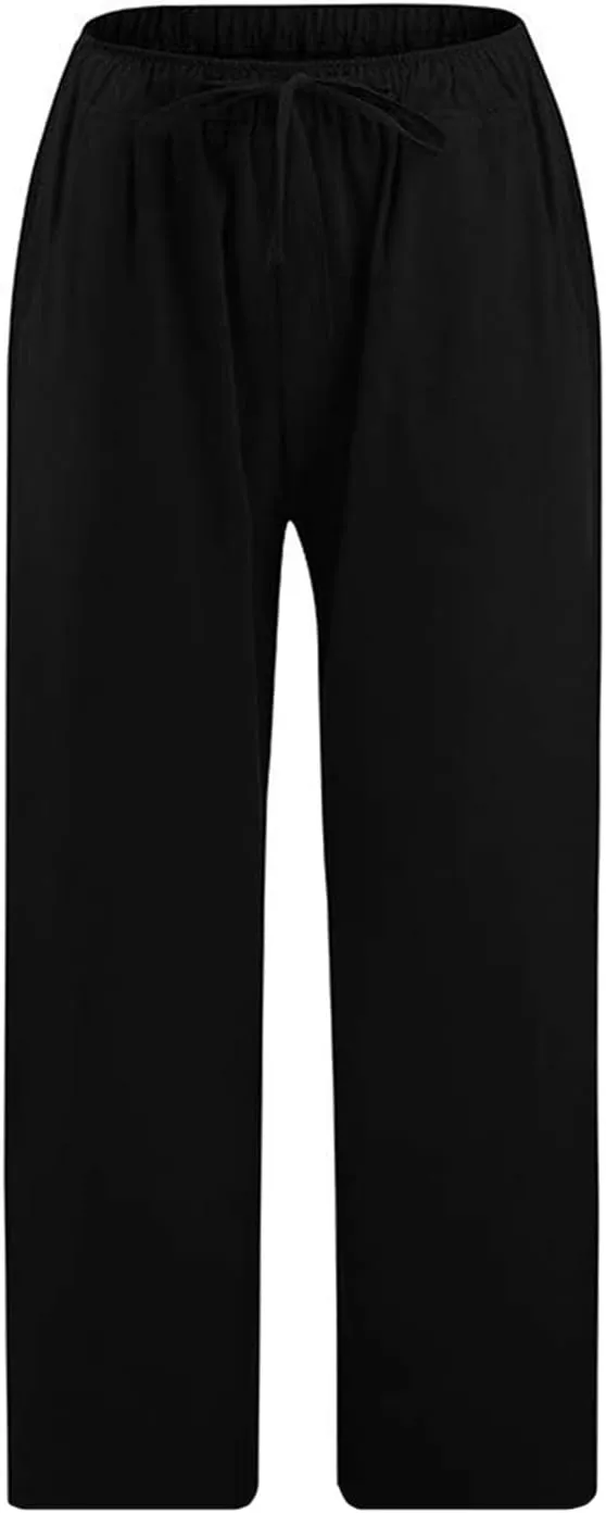 Cotton Linen Pants for Women Loose 2025 Elastic High Waisted Drawstring Wide Leg Trousers Straight Leg Pants Capris