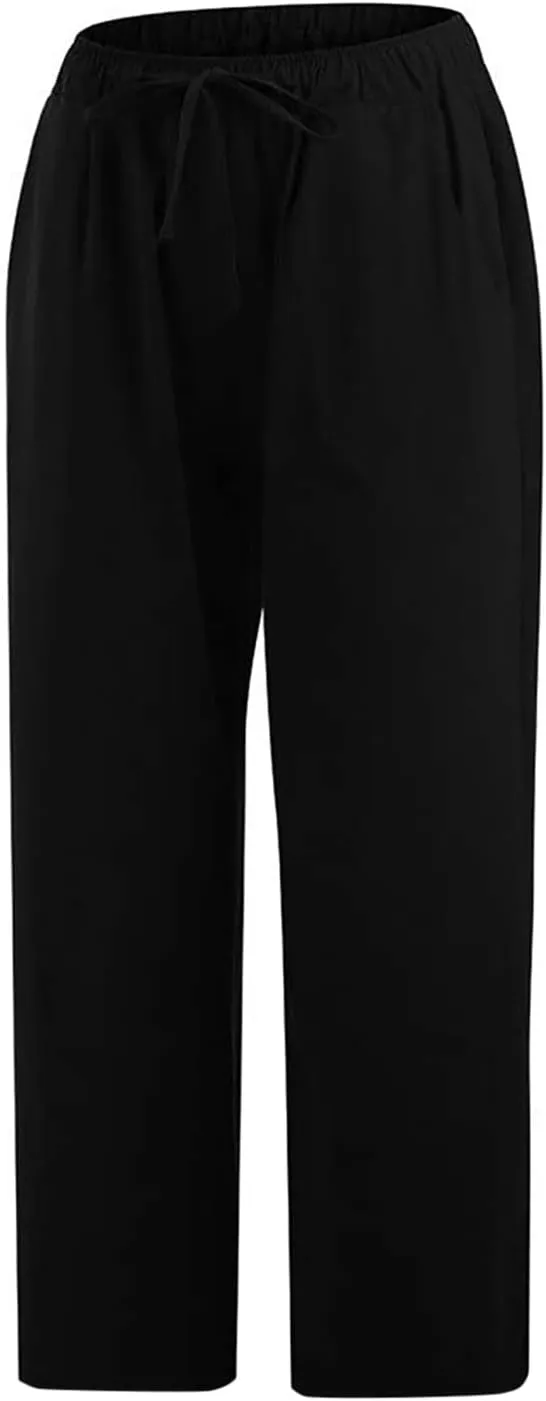 Cotton Linen Pants for Women Loose 2025 Elastic High Waisted Drawstring Wide Leg Trousers Straight Leg Pants Capris