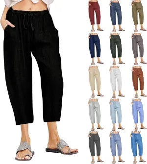 Cotton Linen Pants for Women Loose 2025 Elastic High Waisted Drawstring Wide Leg Trousers Straight Leg Pants Capris