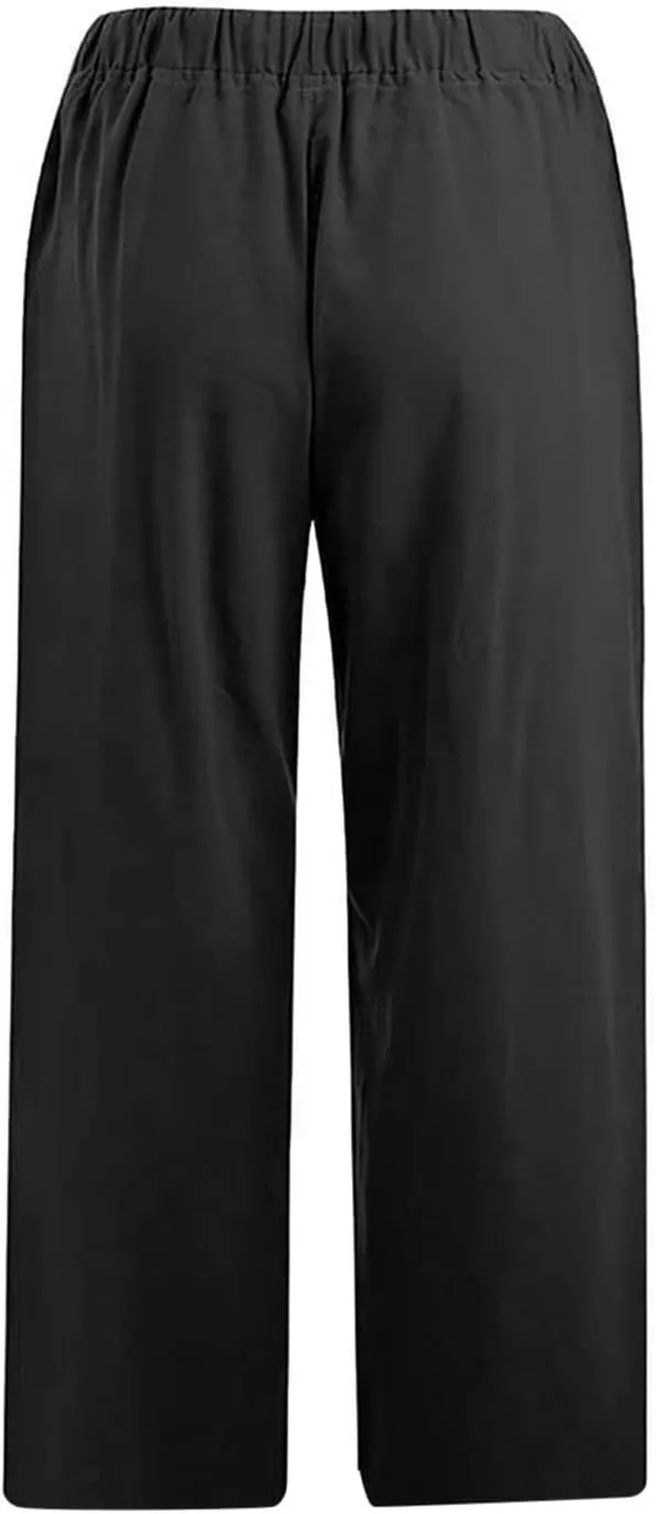 Cotton Linen Pants for Women Loose 2025 Elastic High Waisted Drawstring Wide Leg Trousers Straight Leg Pants Capris