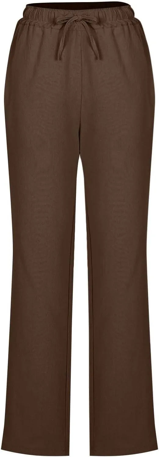 Cotton Linen Pants for Women Loose Fit Drawstring Elastic High Waist Casual Trouser Solid Lounge Pants with Pockets