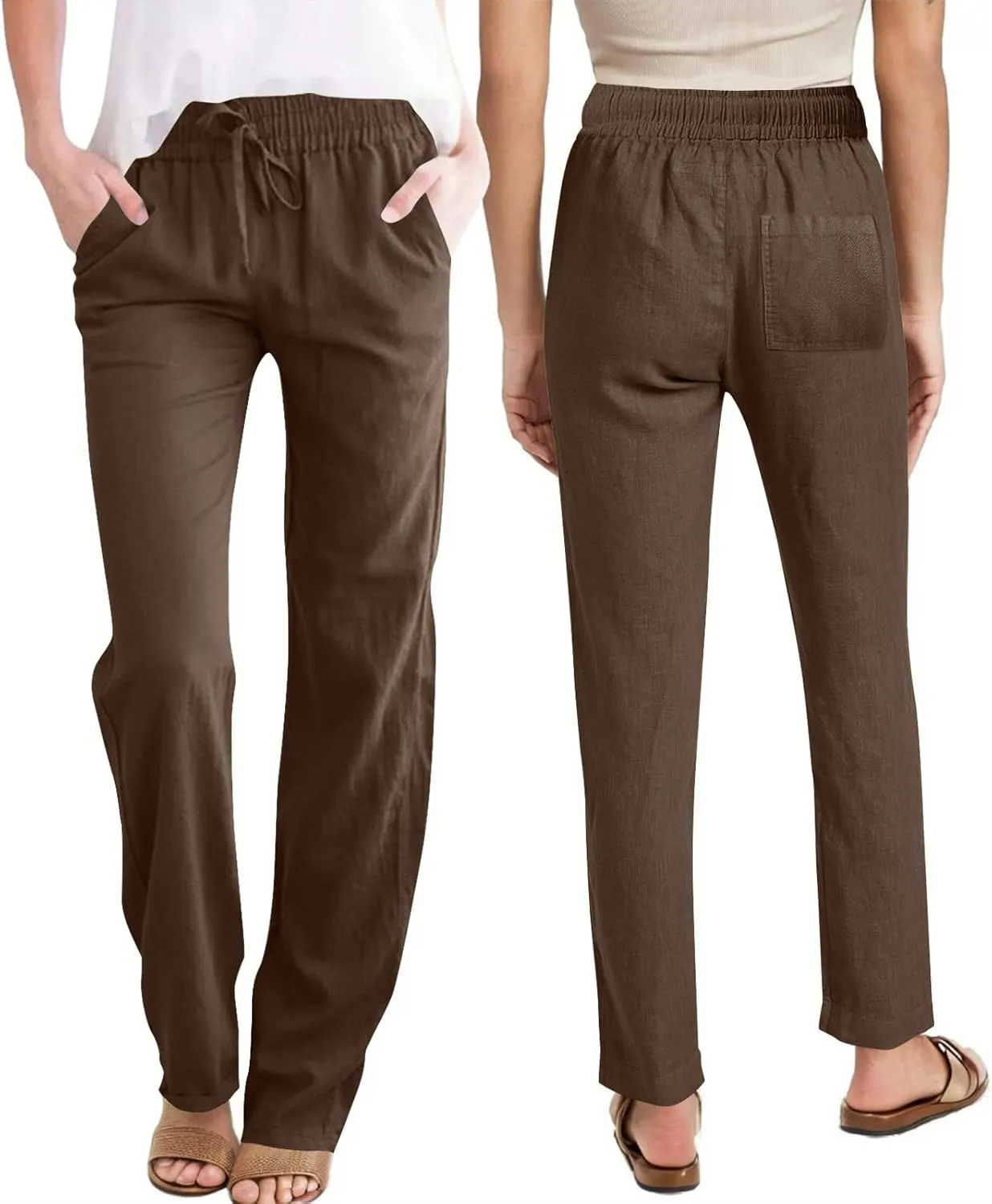 Cotton Linen Pants for Women Loose Fit Drawstring Elastic High Waist Casual Trouser Solid Lounge Pants with Pockets