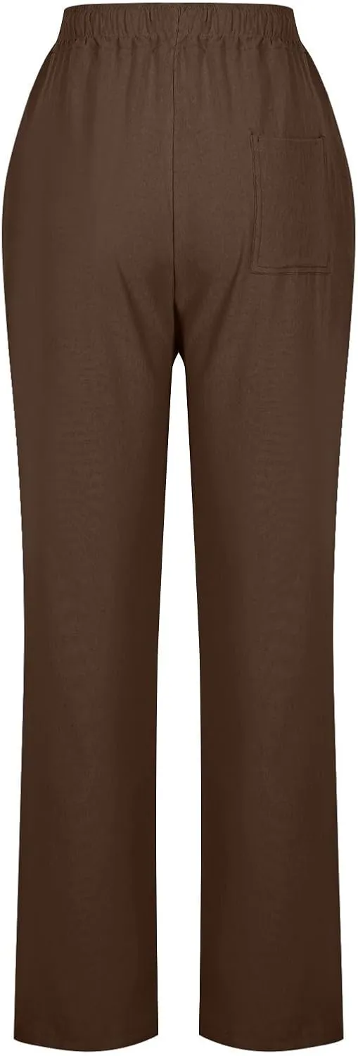 Cotton Linen Pants for Women Loose Fit Drawstring Elastic High Waist Casual Trouser Solid Lounge Pants with Pockets