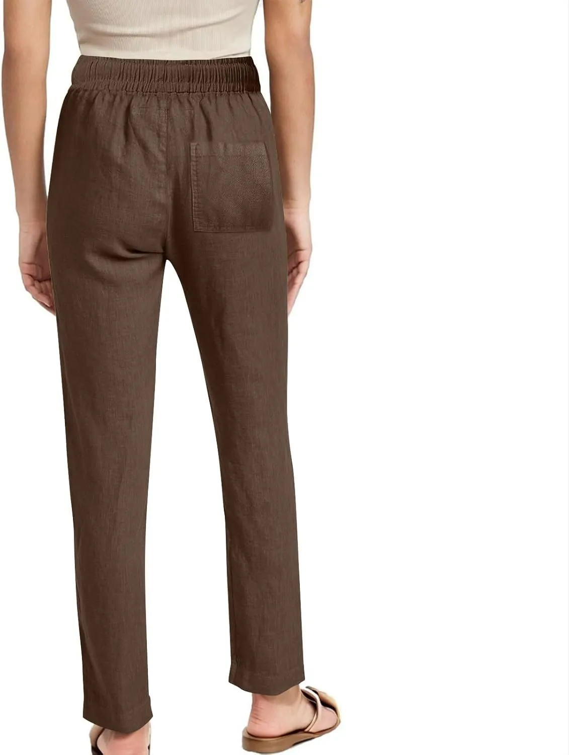 Cotton Linen Pants for Women Loose Fit Drawstring Elastic High Waist Casual Trouser Solid Lounge Pants with Pockets
