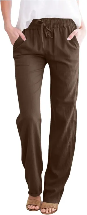 Cotton Linen Pants for Women Loose Fit Drawstring Elastic High Waist Casual Trouser Solid Lounge Pants with Pockets