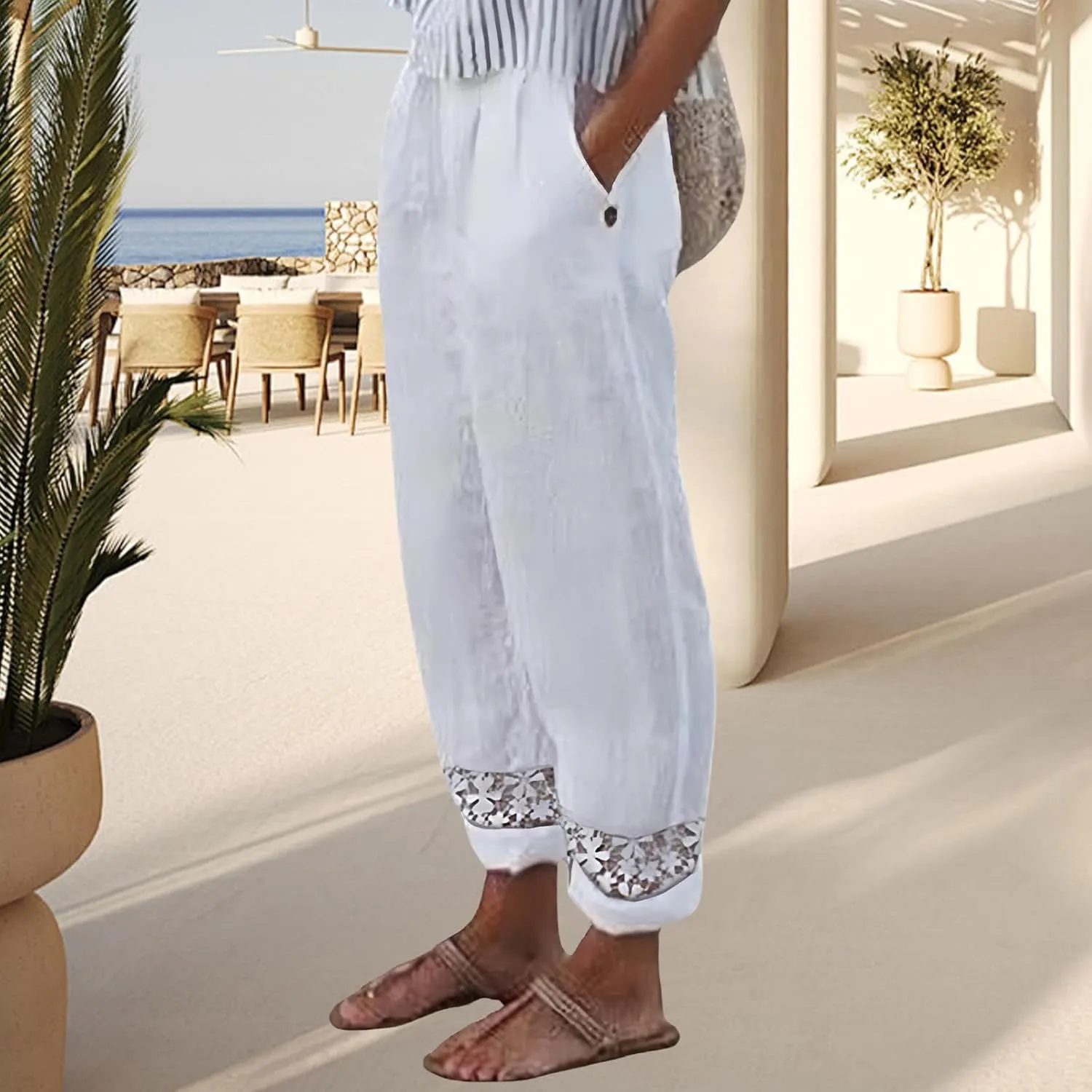 Cotton Linen Pants for Women Summer Elastic High Waisted Lightweight Wide Leg Beach Trousers Baggy Harem Pants