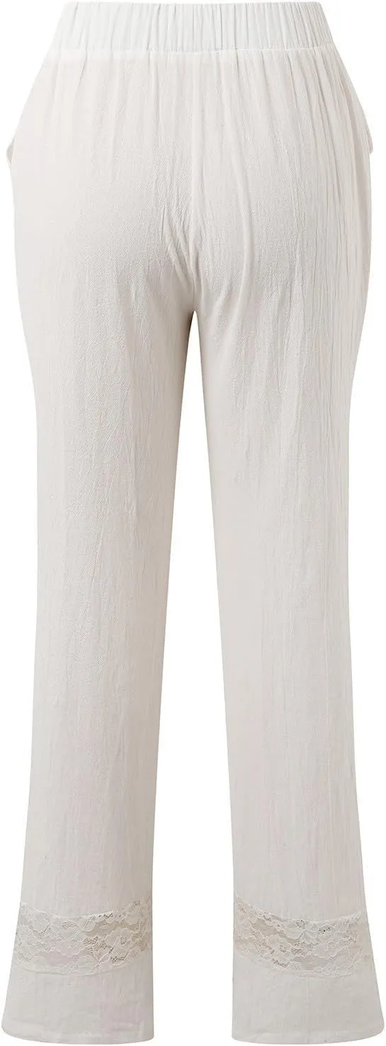Cotton Linen Pants for Women Summer Elastic High Waisted Lightweight Wide Leg Beach Trousers Baggy Harem Pants