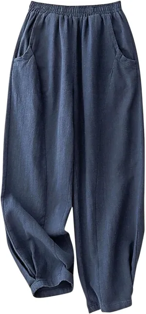 Cotton Linen Pants Women Capri Pants High Waist Pants Cinch Bottom Baggy Casual Summer Travel Trouser with Pockets