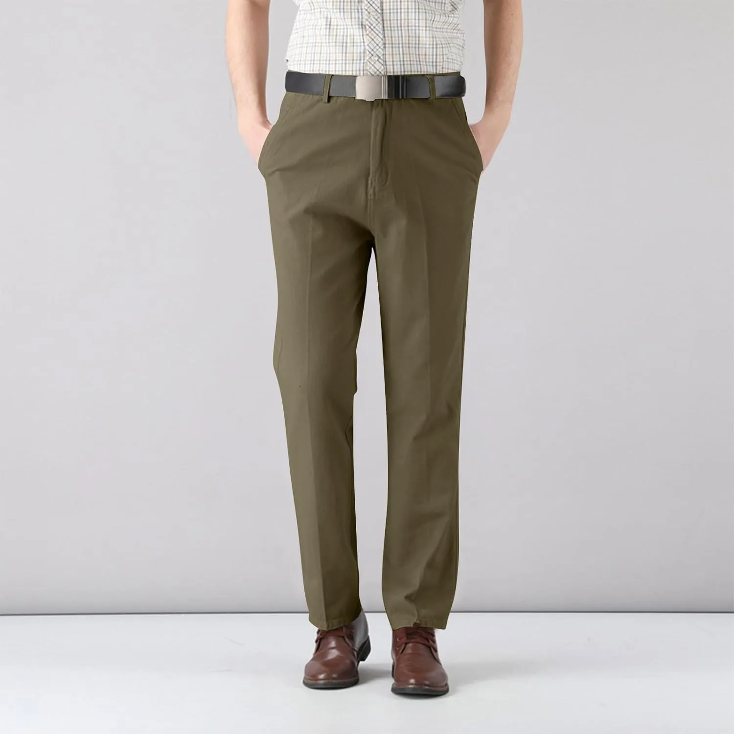 Cotton Mens Chinos Pants with Belt Slim Fit Casual Work Pants for Men with Pockets for Office and Daily Wear Slacks