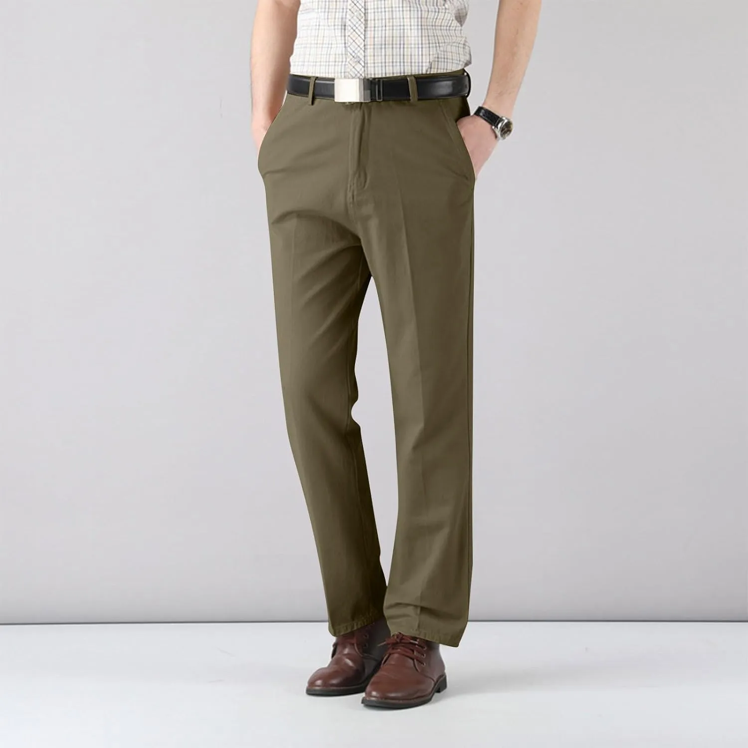 Cotton Mens Chinos Pants with Belt Slim Fit Casual Work Pants for Men with Pockets for Office and Daily Wear Slacks