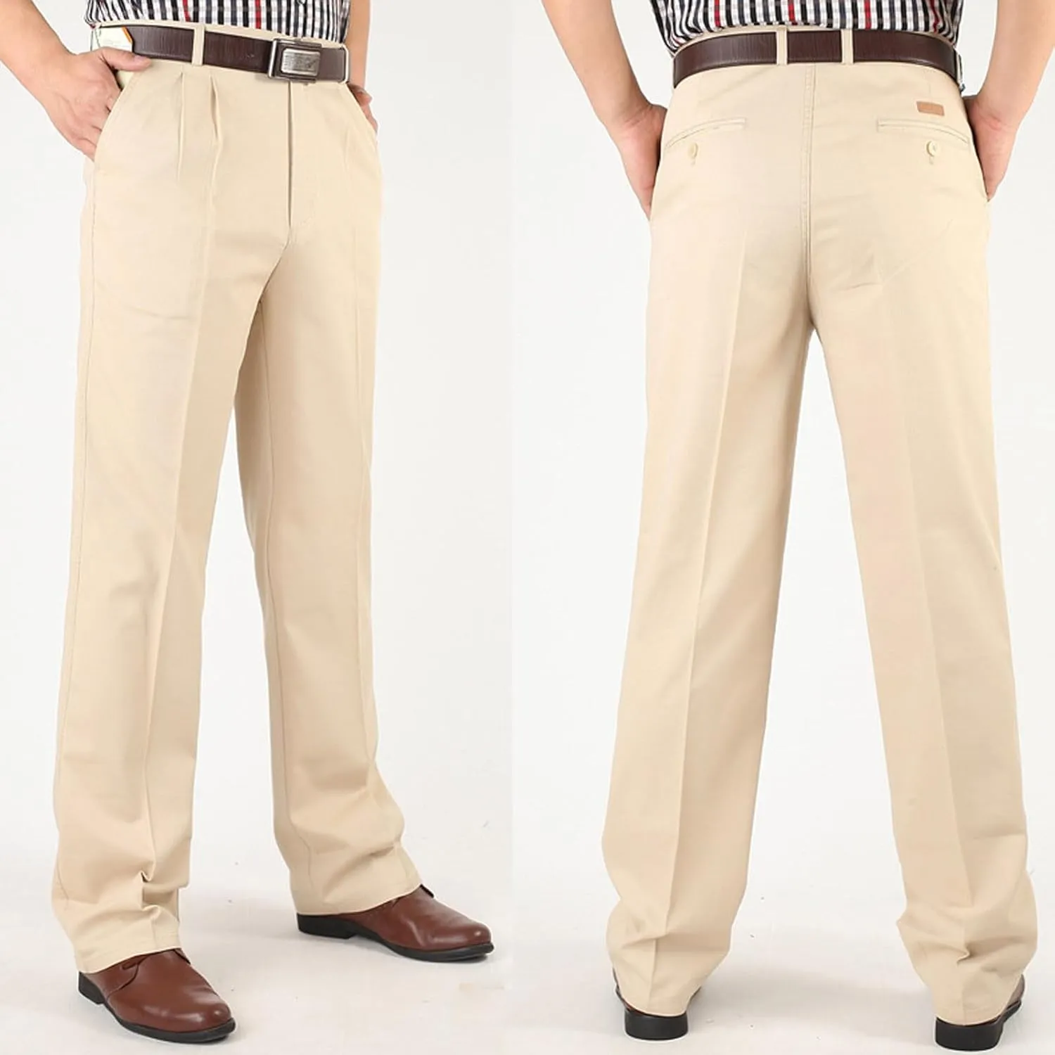 Cotton Mens Pleated Dress Pants with Belt Loops for Formal and Business Wear Pantalones de Hombre
