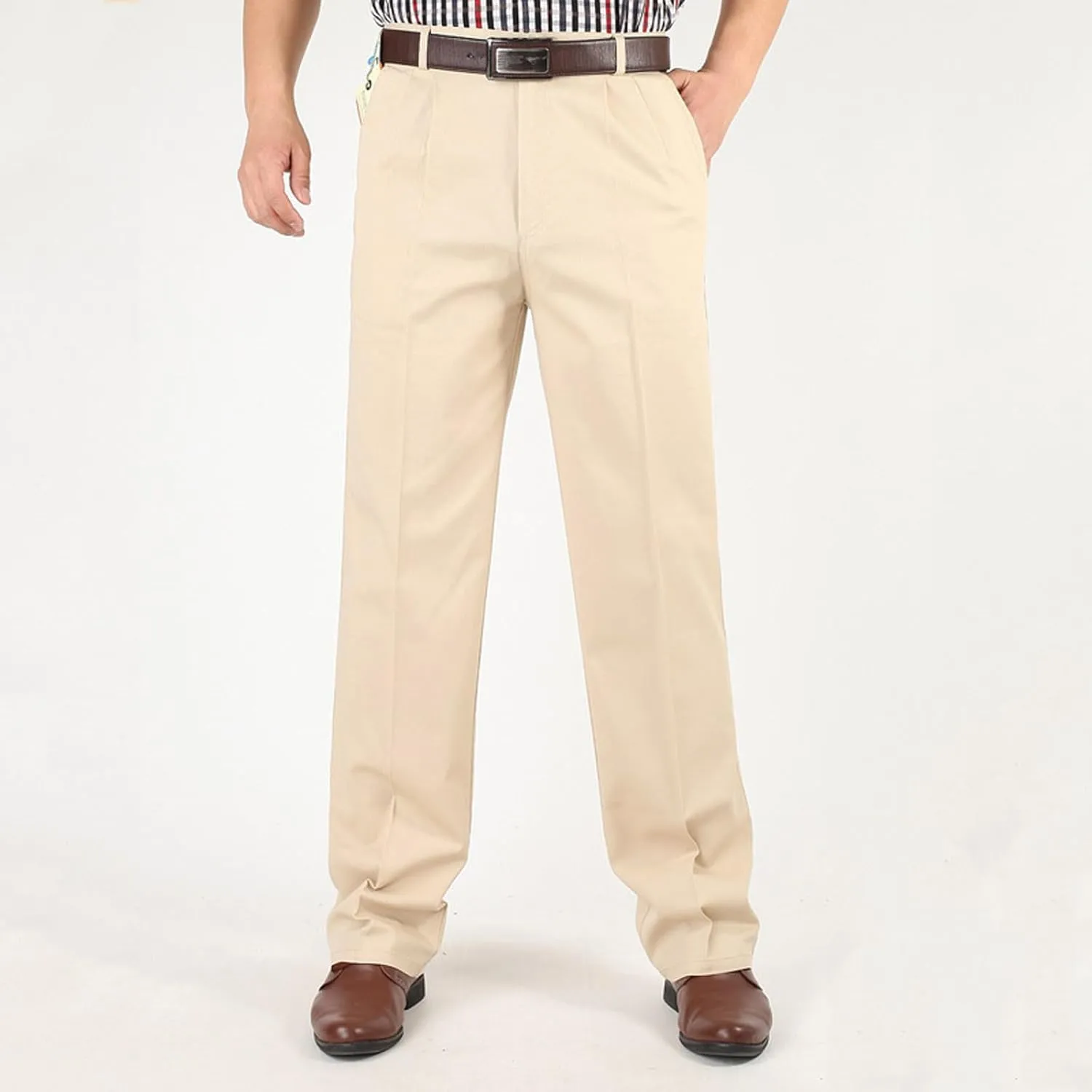 Cotton Mens Pleated Dress Pants with Belt Loops for Formal and Business Wear Pantalones de Hombre
