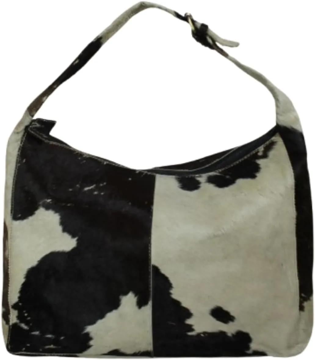 Cowhide Leather Hobo Shoulder Bag, Black and White Pattern