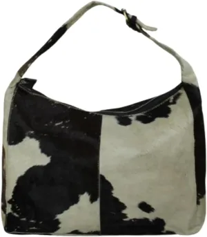 Cowhide Leather Hobo Shoulder Bag, Black and White Pattern