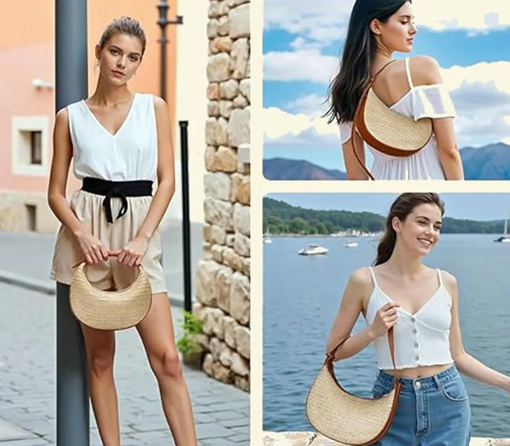 Crescent Shoulder Bag for Women Trendy Crossbody Hobo Purse PU Clutch Handbag Adjustable Strap