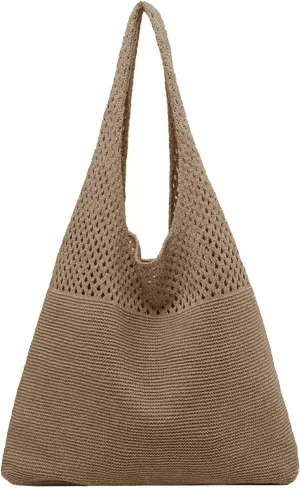 Crochet Tote Bag Mesh Beach Bag for Women Knit Summer Hobo Boho Tote Bag for Picnic Pool Gym Travel Grocery Vacation Holiday