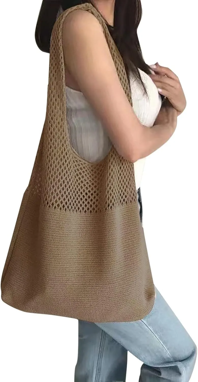 Crochet Tote Bag Mesh Beach Bag for Women Knit Summer Hobo Boho Tote Bag for Picnic Pool Gym Travel Grocery Vacation Holiday