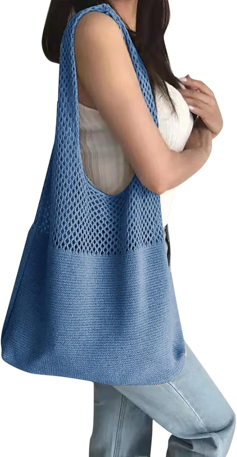 Crochet Tote Bag Mesh Beach Bag for Women Knit Summer Hobo Boho Tote Bag for Picnic Pool Gym Travel Grocery Vacation Holiday
