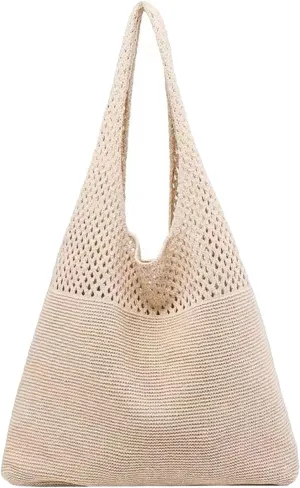 Crochet Tote Bag Mesh Beach Bag for Women Knit Summer Hobo Boho Tote Bag for Picnic Pool Gym Travel Grocery Vacation Holiday