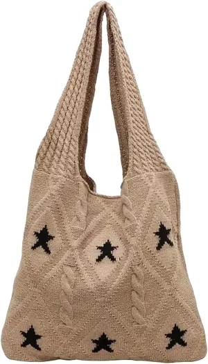 Crochet Tote Bag Y2k Aesthetic Accessories Grunge Hobo Bag Knit Star Bags Beach Purse Shoulder Handbags for Women