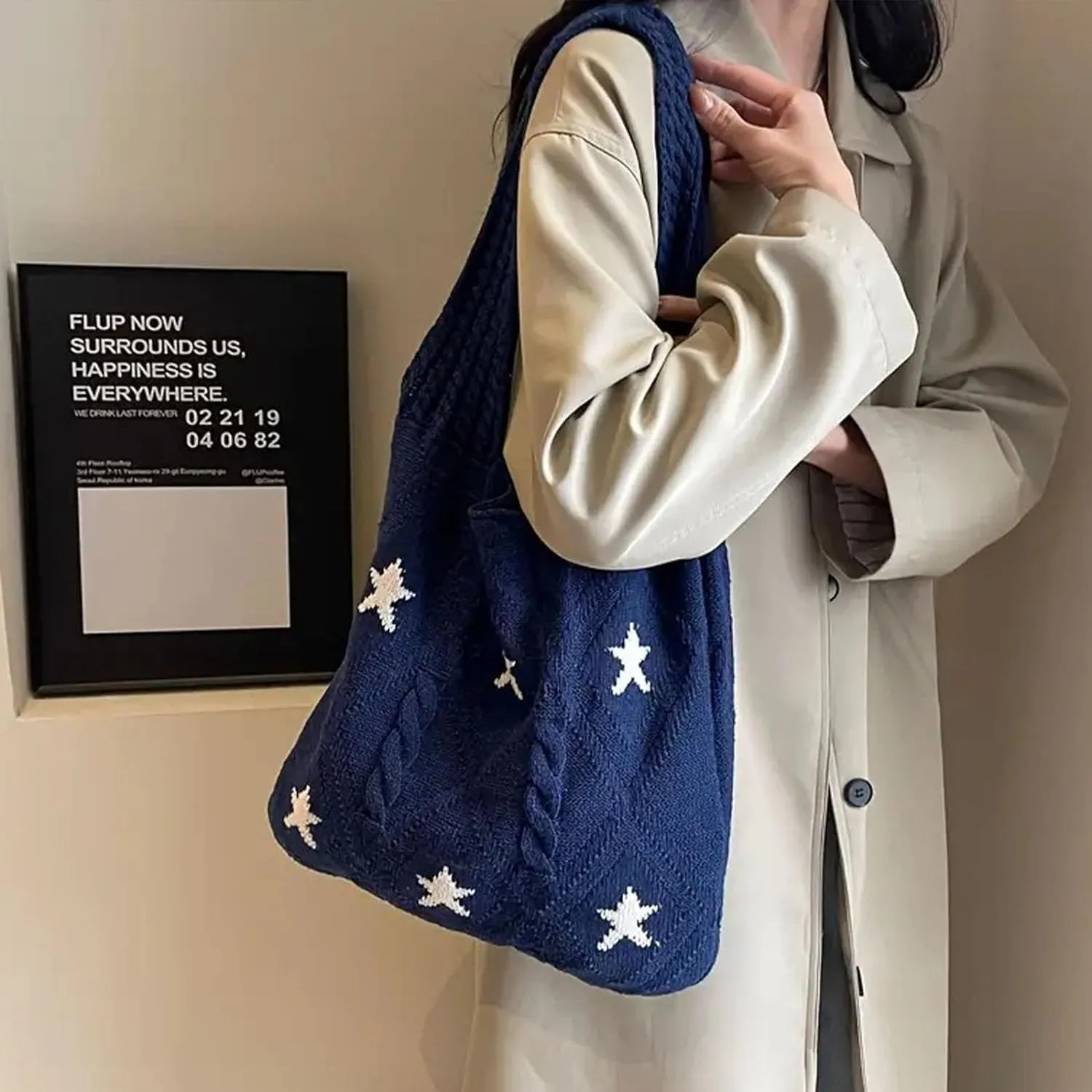 Crochet Tote Bag Y2k Aesthetic Accessories Grunge Hobo Bag Knit Star Bags Beach Purse Shoulder Handbags for Women
