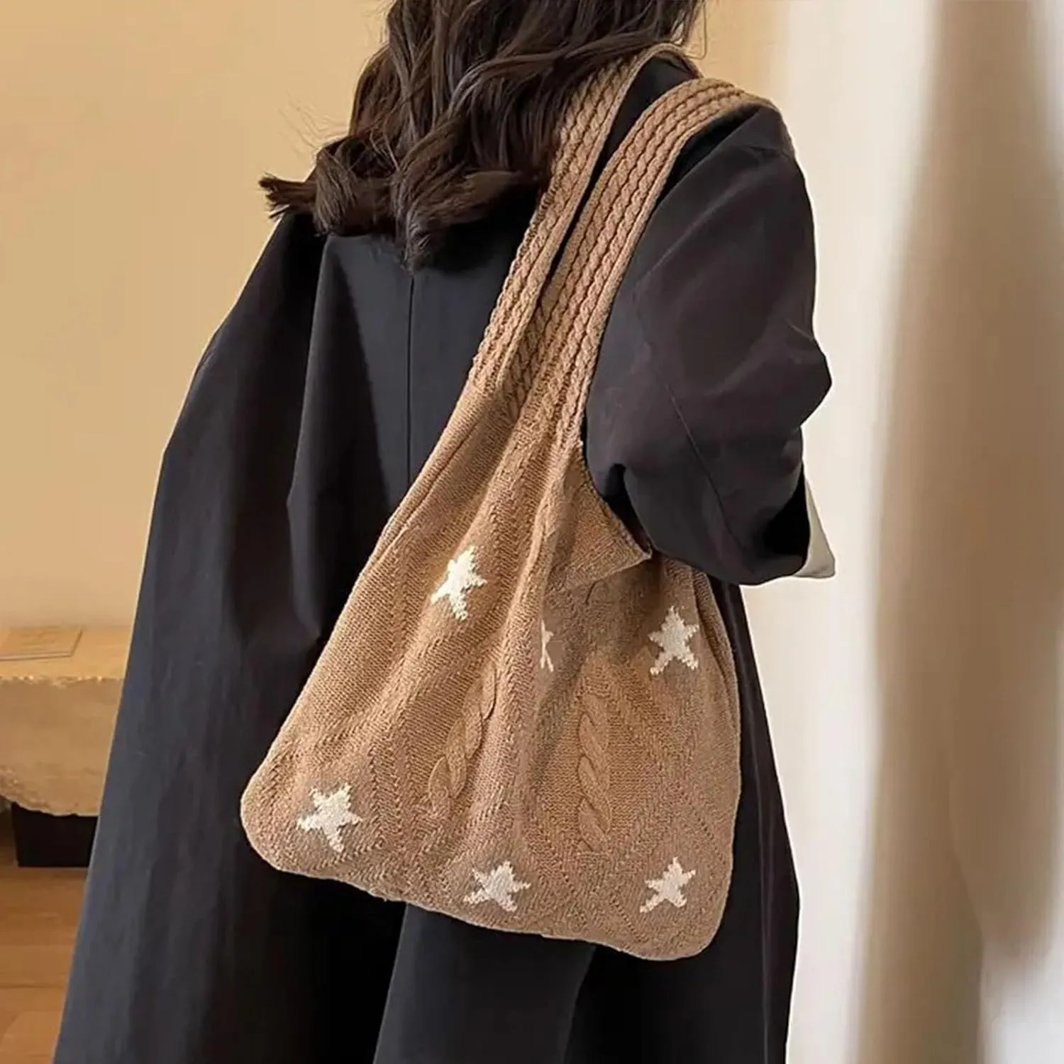Crochet Tote Bag Y2k Aesthetic Accessories Grunge Hobo Bag Knit Star Bags Beach Purse Shoulder Handbags for Women