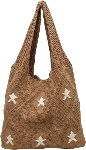 Crochet Tote Bag Y2k Aesthetic Accessories Grunge Hobo Bag Knit Star Bags Beach Purse Shoulder Handbags for Women