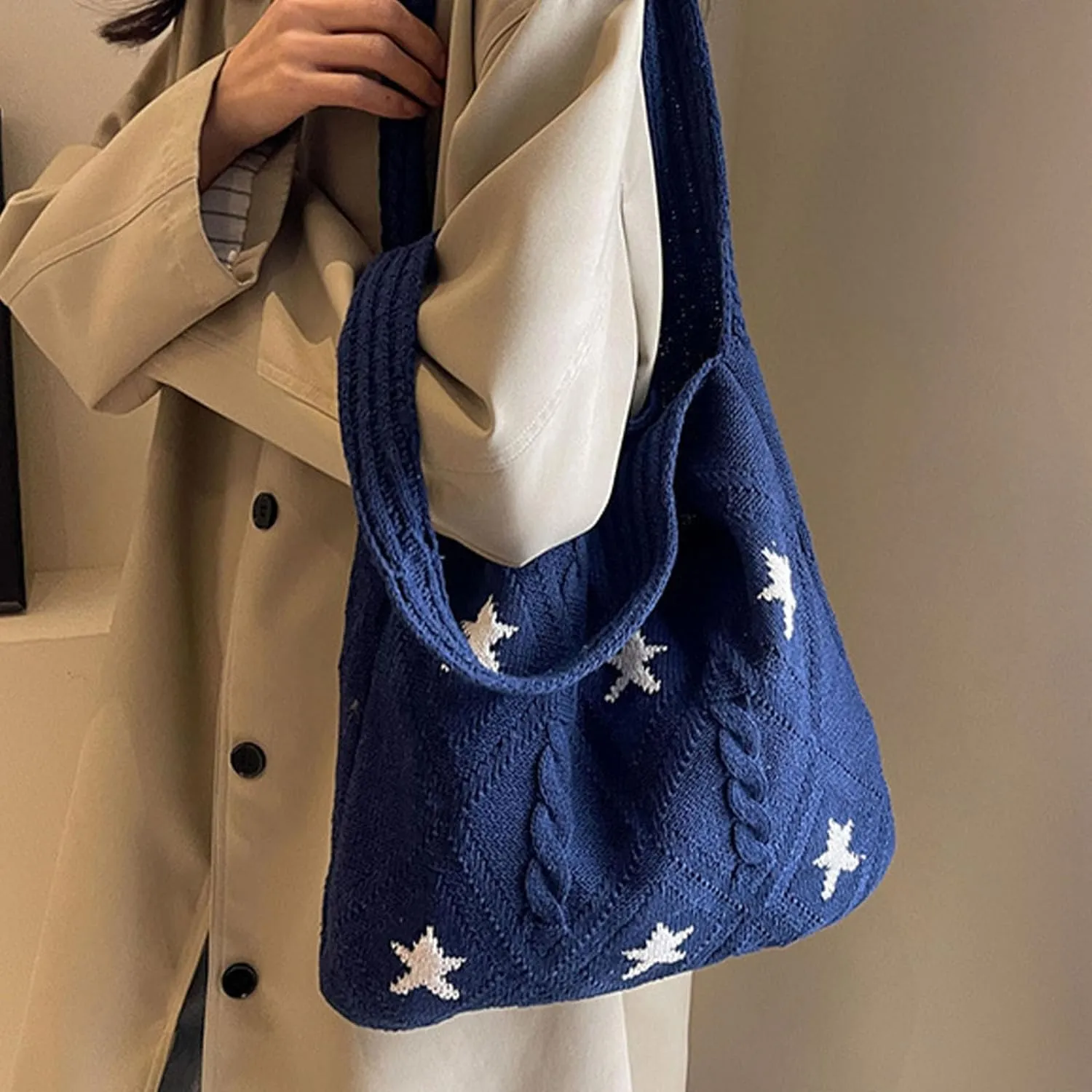 Crochet Tote Bag Y2k Aesthetic Accessories Grunge Hobo Bag Knit Star Bags Beach Purse Shoulder Handbags for Women