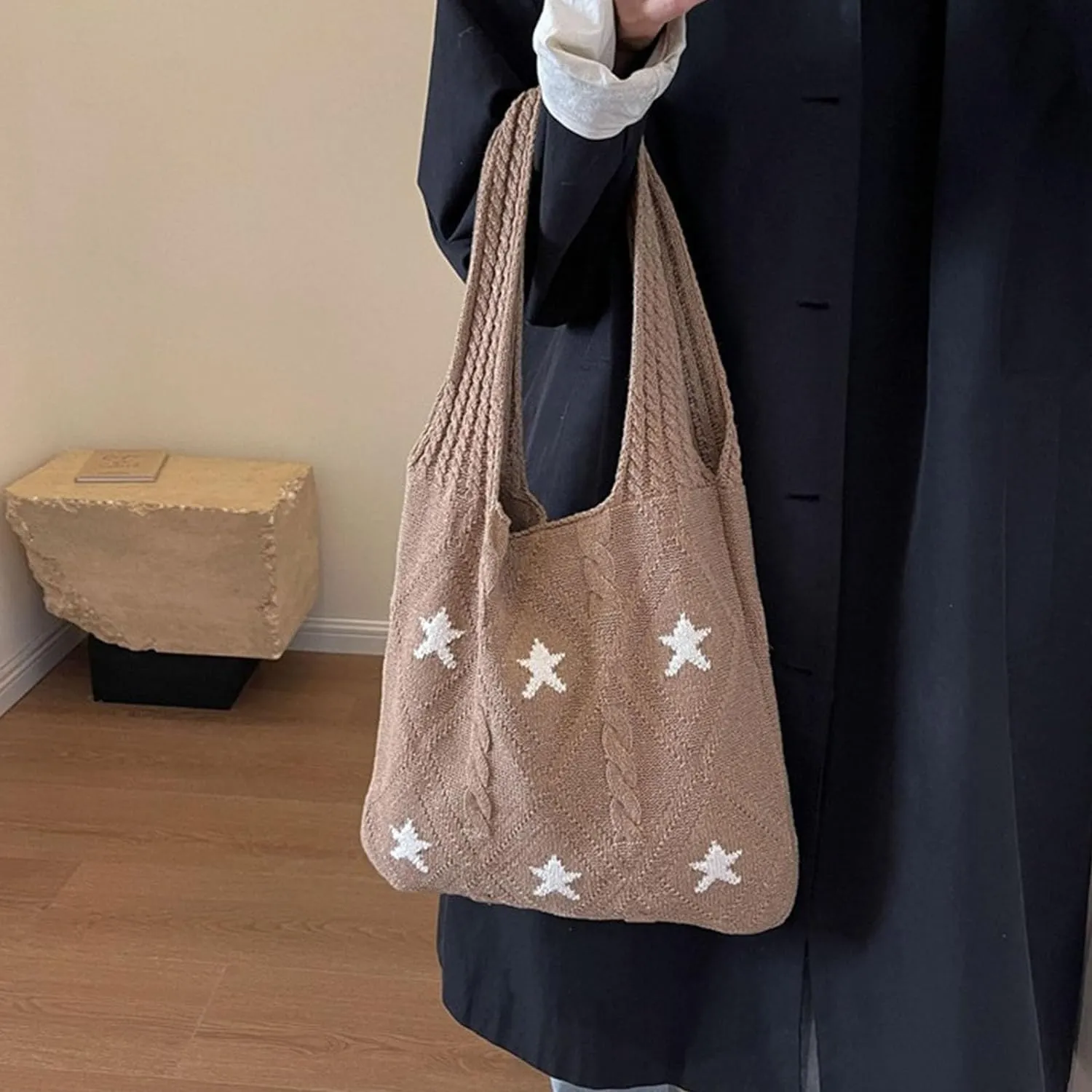 Crochet Tote Bag Y2k Aesthetic Accessories Grunge Hobo Bag Knit Star Bags Beach Purse Shoulder Handbags for Women