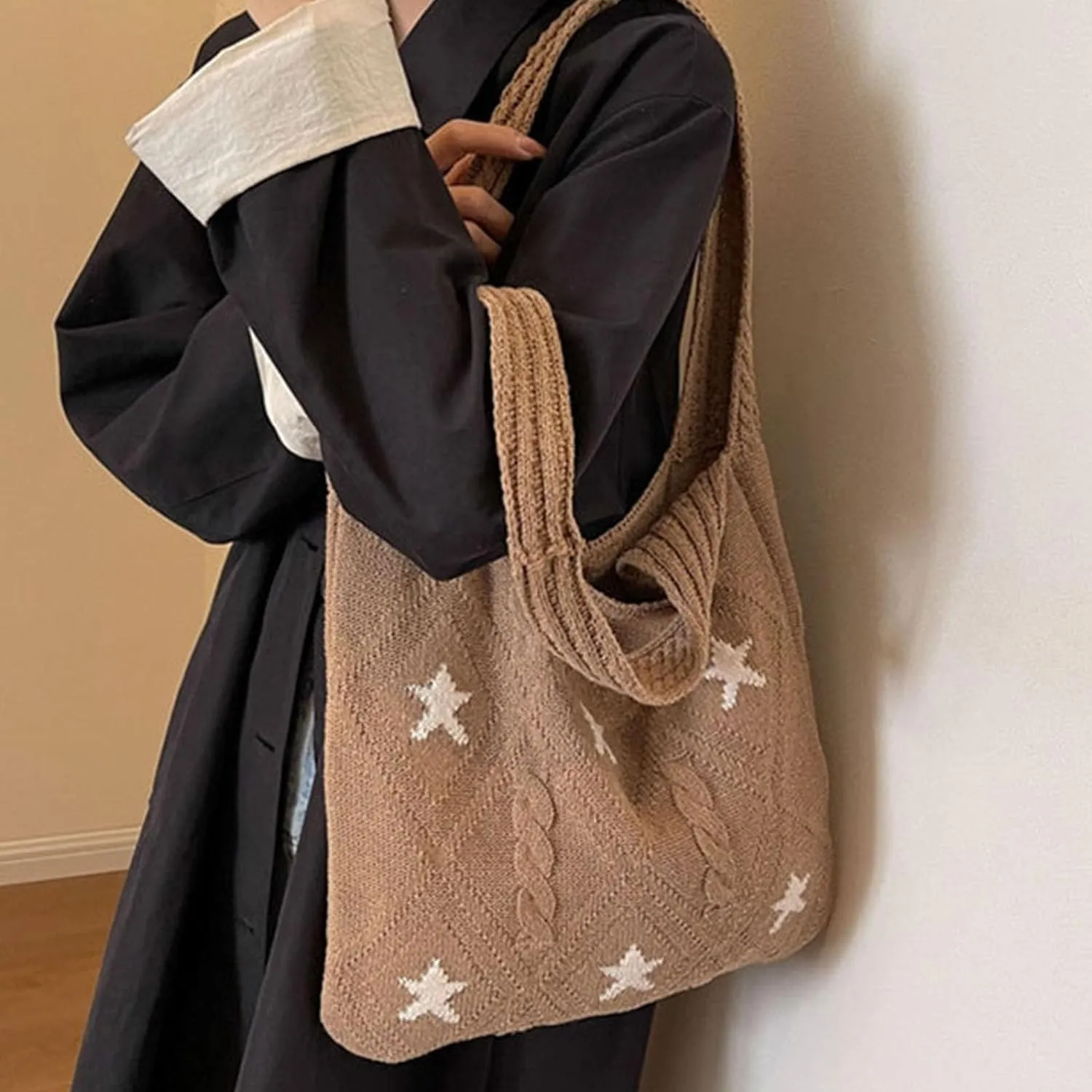 Crochet Tote Bag Y2k Aesthetic Accessories Grunge Hobo Bag Knit Star Bags Beach Purse Shoulder Handbags for Women