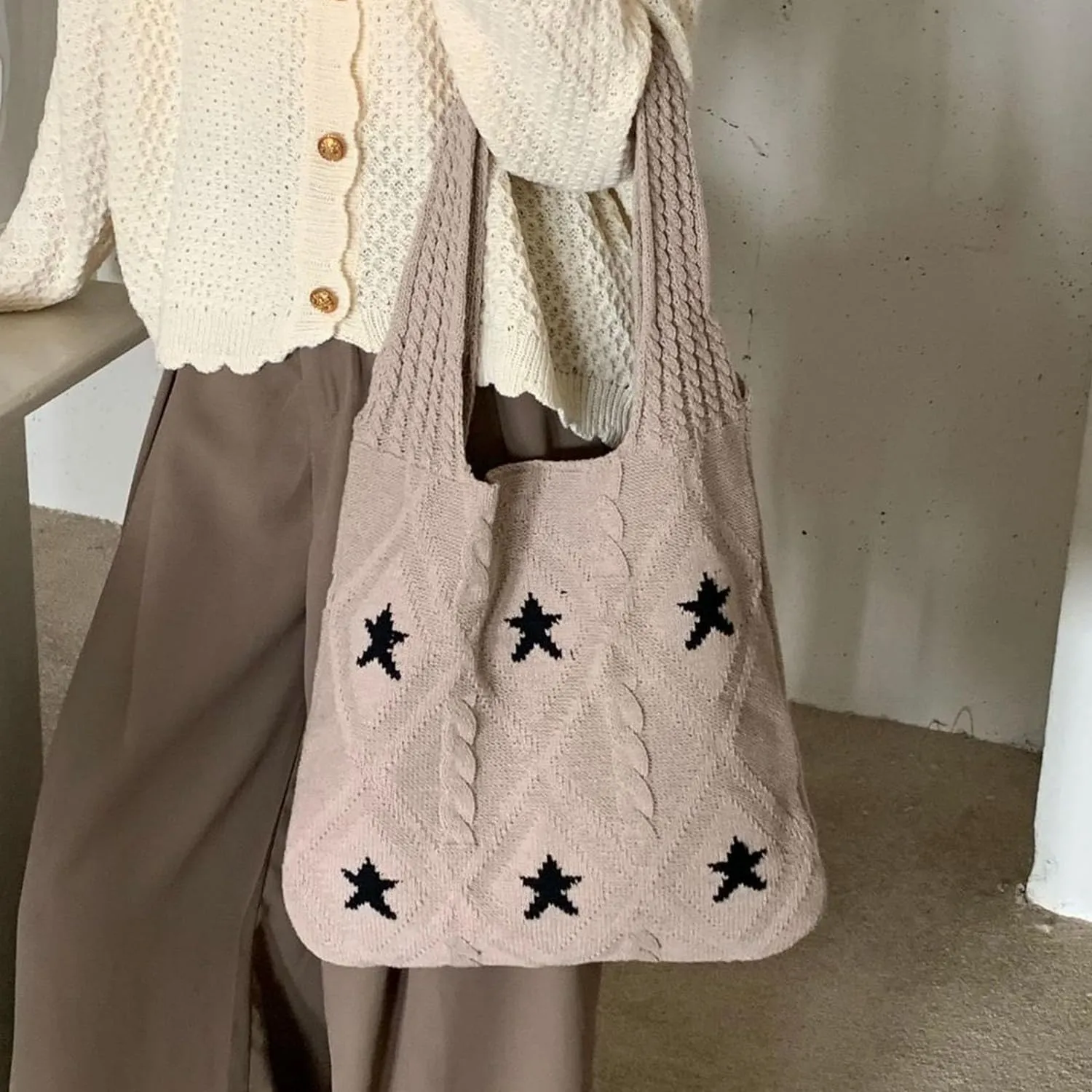 Crochet Tote Bag Y2k Aesthetic Accessories Grunge Hobo Bag Knit Star Bags Beach Purse Shoulder Handbags for Women