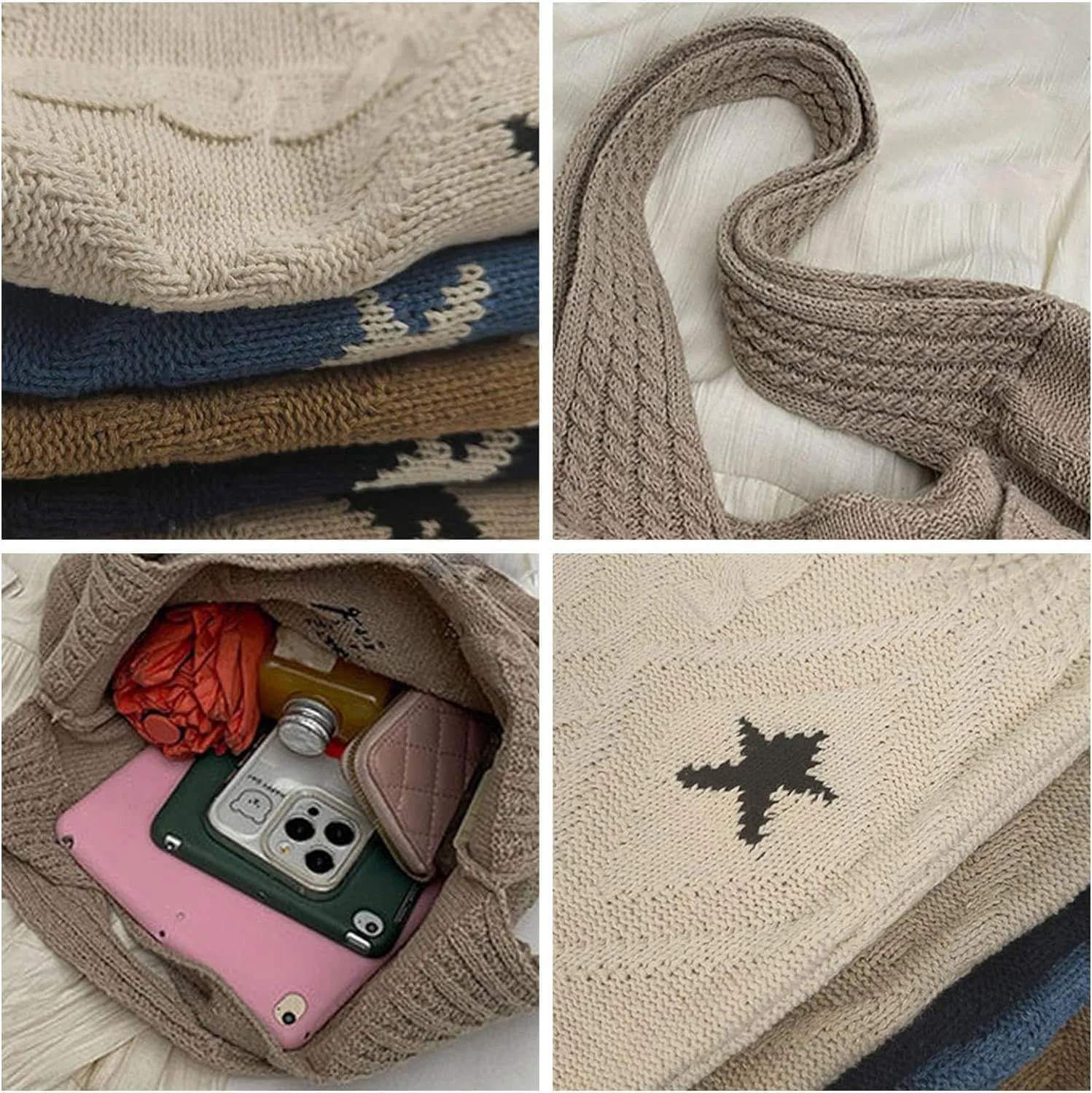 Crochet Tote Bag Y2k Aesthetic Accessories Grunge Hobo Bag Knit Star Bags Beach Purse Shoulder Handbags for Women