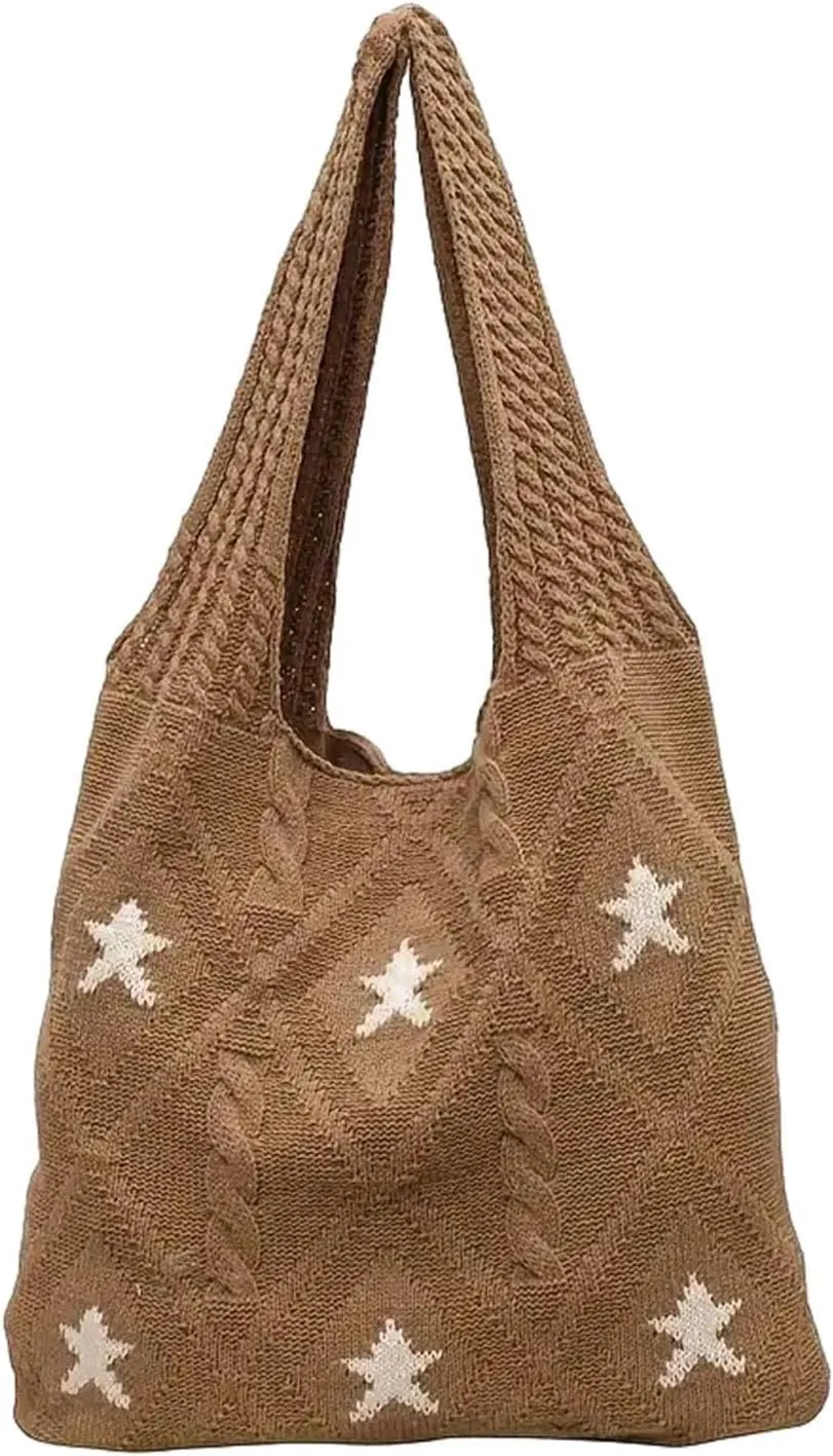 Crochet Tote Bag Y2k Aesthetic Accessories Grunge Hobo Bag Knit Star Bags Beach Purse Shoulder Handbags for Women