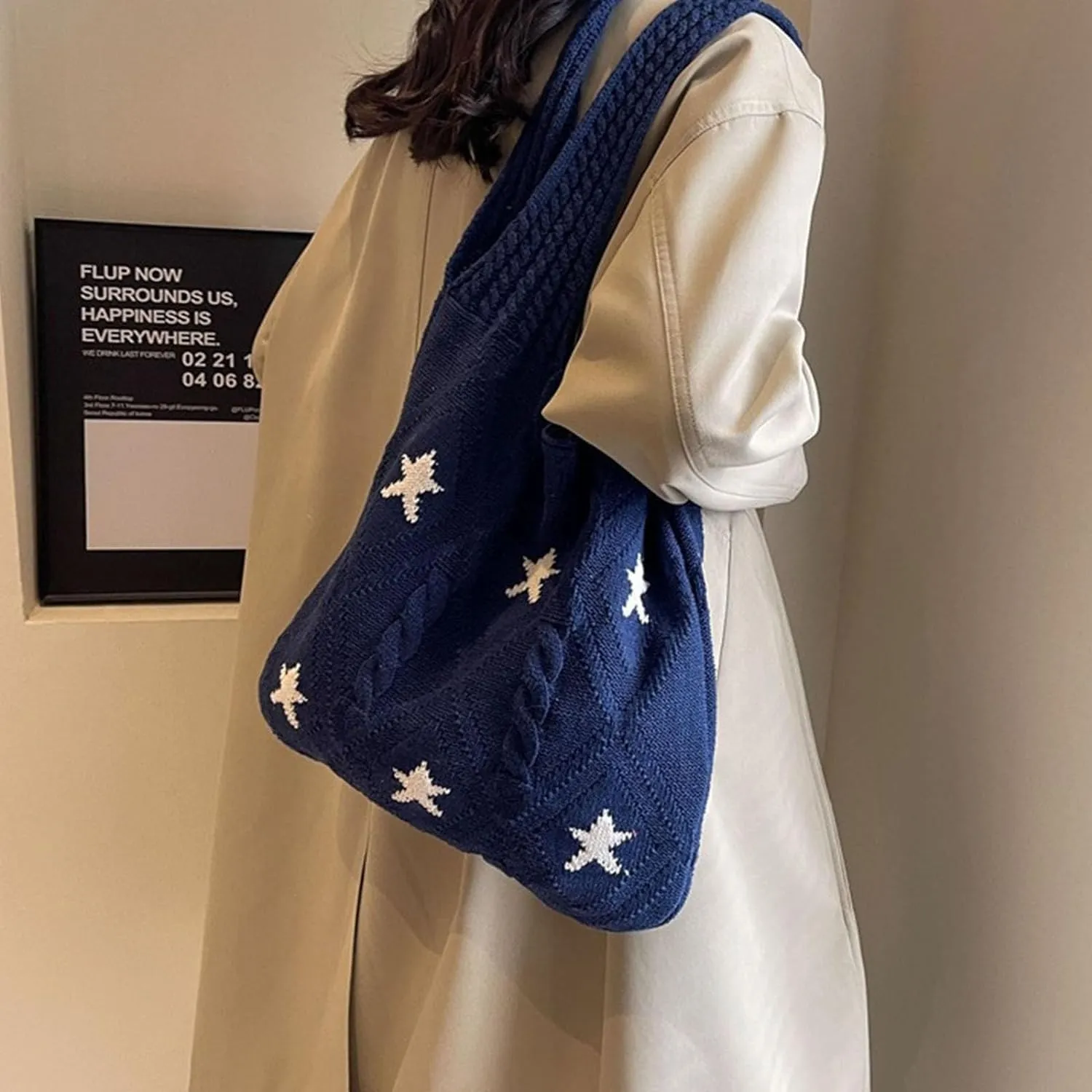 Crochet Tote Bag Y2k Aesthetic Accessories Grunge Hobo Bag Knit Star Bags Beach Purse Shoulder Handbags for Women