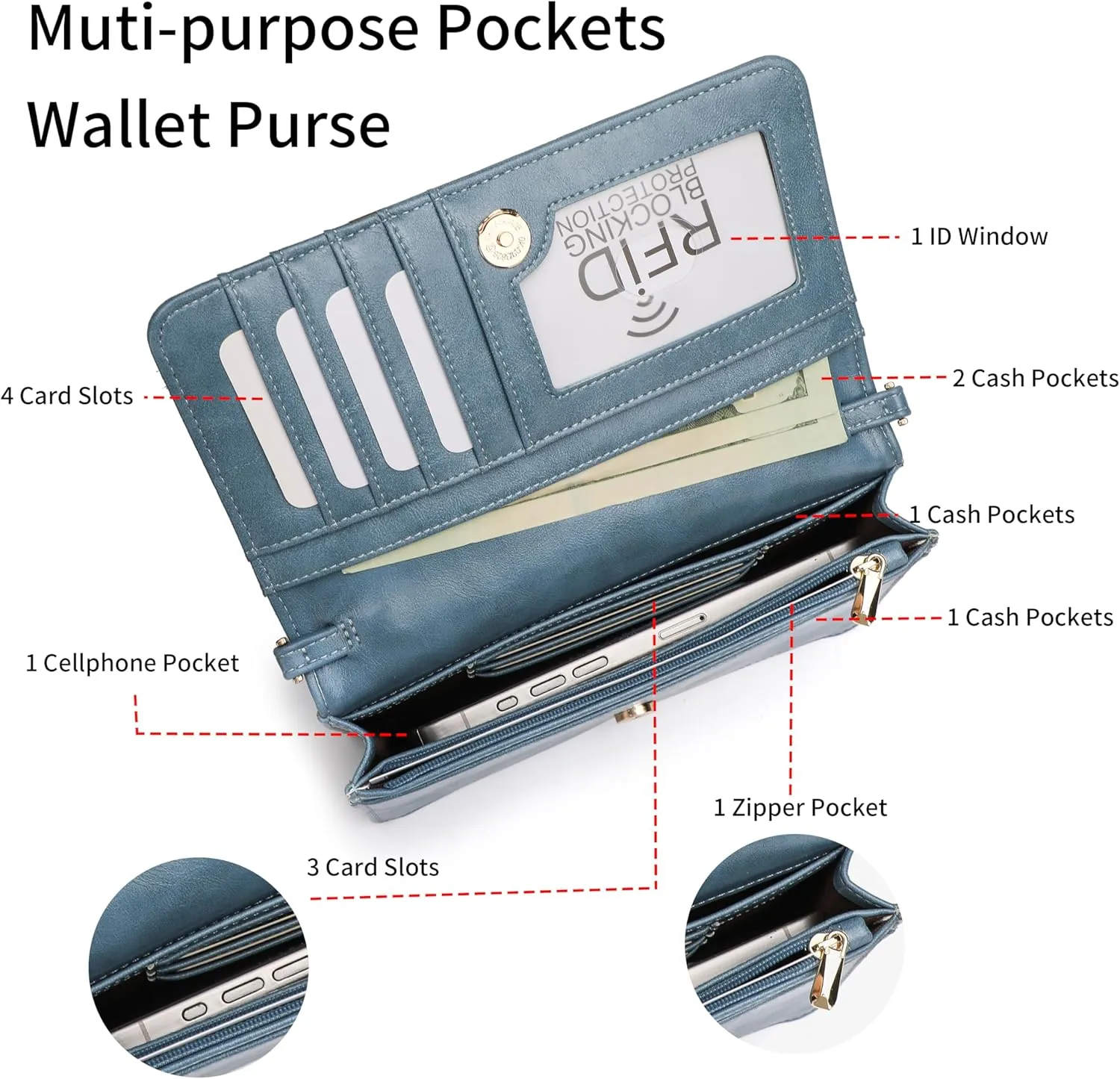 Crossbody Bags For Women Wristlet Wallet Phone Purse Shoulder handbags Multi-Function Small RFID Clutch Card Holder