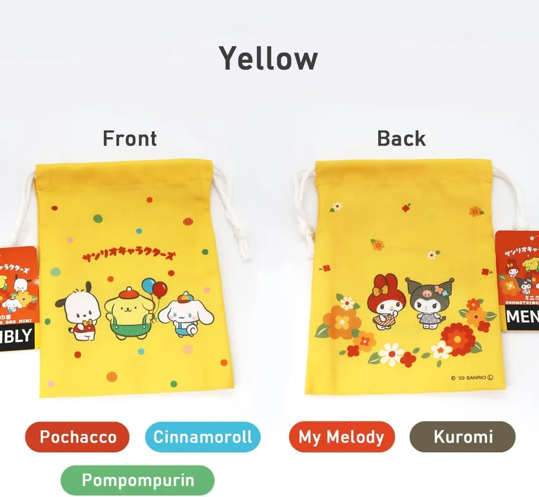 Cute Kawaii Mini Drawstring Bag - Perfect for Travel Toiletries, Makeup, Coin Pouch, and Vacation Essentials - Pochacco, Cinnamo-roll, My Melody, Kuromi, Pompompurin Themed 7.2 inches (Yellow)
